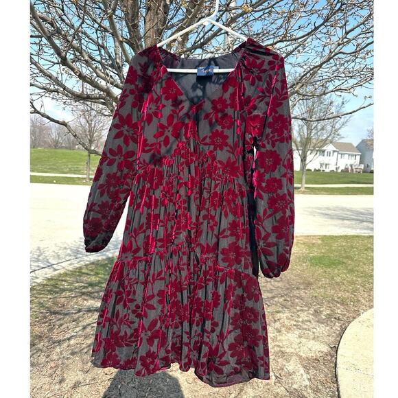 Just Taylor Burgundy‎ Floral 3/4 Puff Sleeves Dress Size 8 - Picture 10 of 10